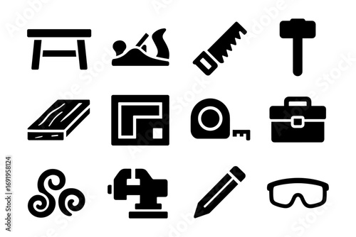Essential black icons of woodworking tools and equipment in silhouette style