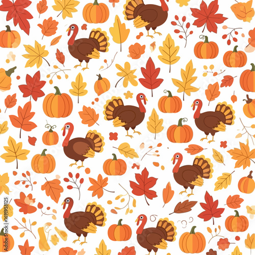 Autumn harvest pattern featuring turkeys, pumpkins, and fall leaves.