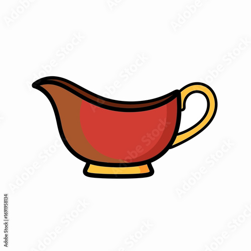 A stylized illustration of a classic gravy boat with a handle, designed for serving sauces and gravies at mealtime.