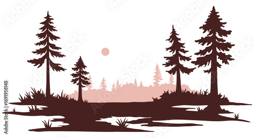 a serene forest scene with tall trees reflecting in water