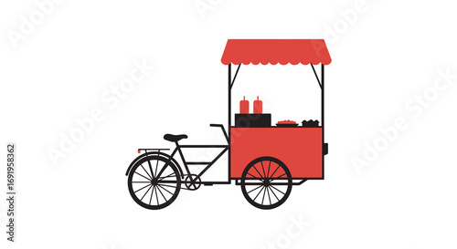 a bicycle food cart with red canopy and condiments