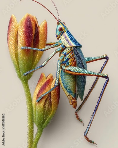 Colorful grasshopper perched on flower bud.