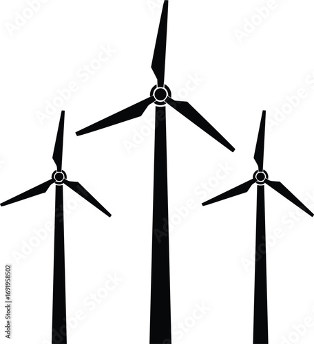 Silhouette of three wind turbines, renewable energy vector illustration, sustainable power generation icon, clean electricity design, eco‑friendly technology symbol in black and white