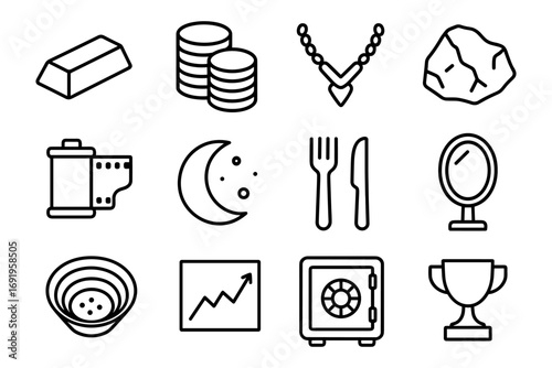 Simple outline icons of finance, jewelry, and everyday objects