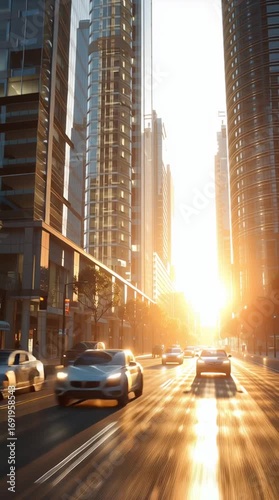 City street at sunset with traffic vehicles.