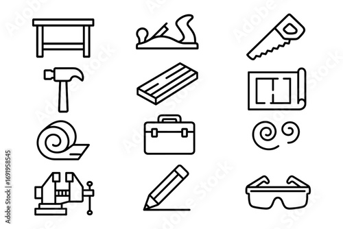 Minimalist linear icons of woodworking tools and accessories for craftsmanship