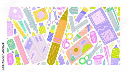 A whimsical collection of art supplies including pencils, scissors, rulers, and other creative instruments