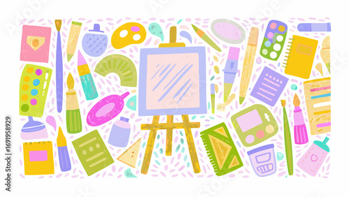 Illustration of an easel surrounded by various art supplies including paintbrushes, notebooks, and paint palettes