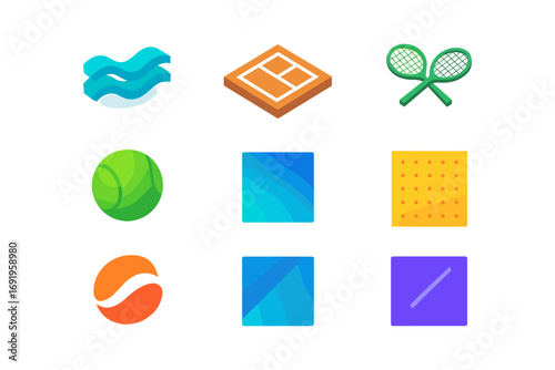 Colorful tennis court elements and icons in modern flat design
