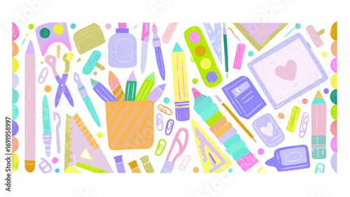 A colorful assortment of art supplies and stationery items scattered across a white background surface top view