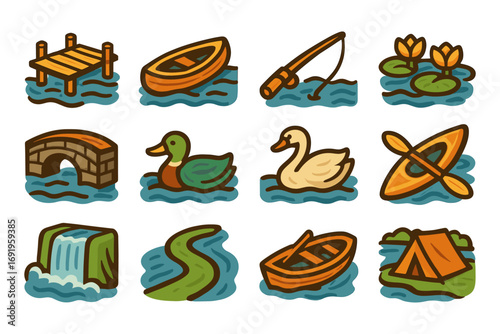 Colorful doodle icons of lakeside activities and nature elements