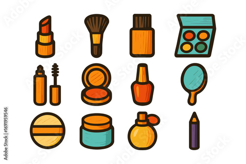 Colorful makeup icons set: lipstick, brush, nail polish, and more on white background