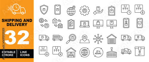 Shipping and Delivery line icon set. Shield, phone, globe, gear, hand, clipboard, laptop, computer, tag, card, document, search, location, network, warehouse, truck, box, 24 hours. Editable stroke