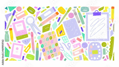 A colorful assortment of stationery items including pens, pencils, notebooks, and office supplies spread out