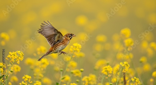 A bunting bird flies over a vibrant field of yellow rapeseed flowers