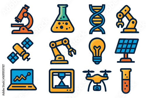 Colorful flat icons of science and technology equipment for innovative projects