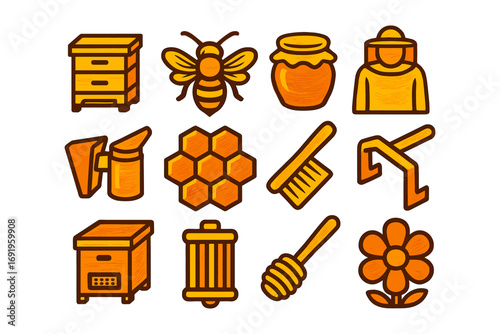 Colorful honey and beekeeping icons featuring tools and symbols