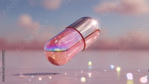 A pink iridescent capsule, floating