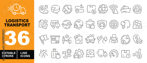 Logistics Transport line icon set. Truck, map, dollar, chart, flag, suitcase, earth, ship, steering wheel, rocket, briefcase, car, building, paper, gear, laptop, container, clock. Editable stroke 