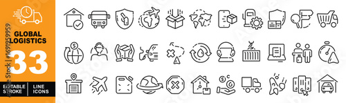 Global Logistics line icon set. Warehouse, truck, shield, earth, box, mobile, gear, money, hand, airplane, fuel, globe, house, cash, container, laptop, stopwatch, arrow, search, more. Editable stroke