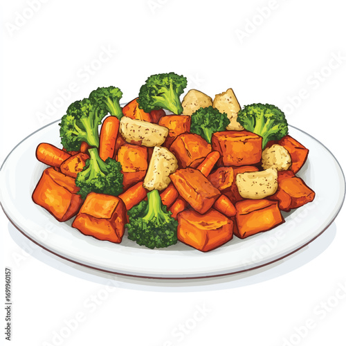 A plate of healthy roasted vegetables including broccoli carrots and sweet potatoes.