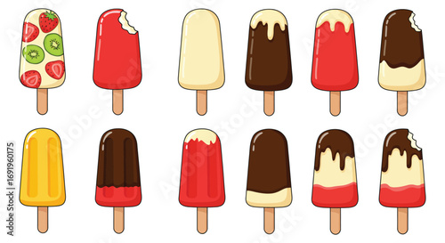 colorful popsicles melting slightly on wooden sticks