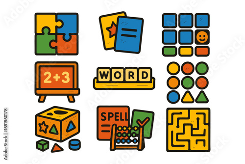 Bright educational icons set featuring puzzle, number game, and word activities in flat style