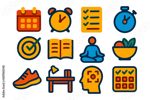 Colorful icons set: time management, health, wellness, and productivity