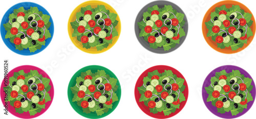 Top view vector illustration of colorful salad bowls with fresh vegetables including tomato, cucumber, olive, perfect for healthy food concepts.Top view 