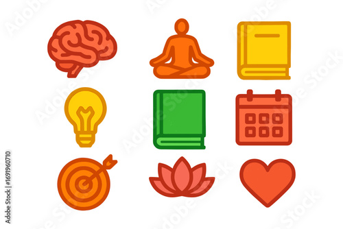 Colorful icons: brain, meditation, books, bulb, calendar, target, lotus, heart