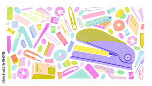A colorful and playful assortment of office supplies scattered across a white background with varied shapes