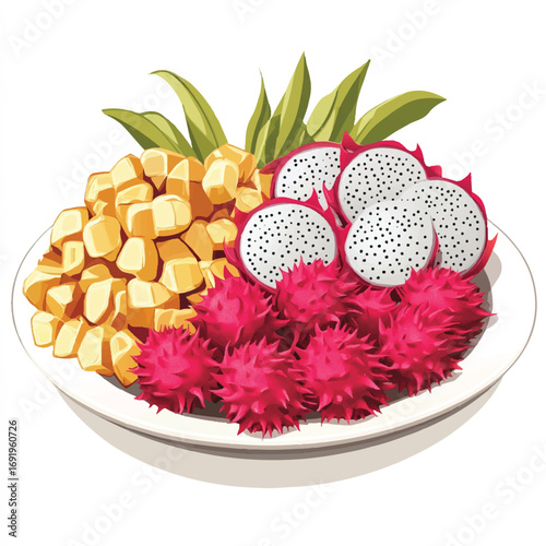 A vibrant platter of exotic fruits including dragon fruit rambutan and mango cubes.
