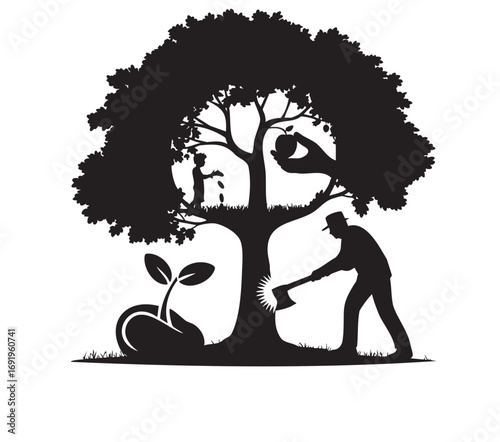 Life journey of a tree from nurturing growth to human destruction in symbolic black and white silhouette