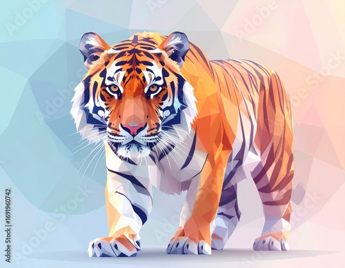 A powerful tiger walking forward, created in a vibrant, modern low poly geometric style. This dynamic illustration symbolizes strength, determination, and raw nature.