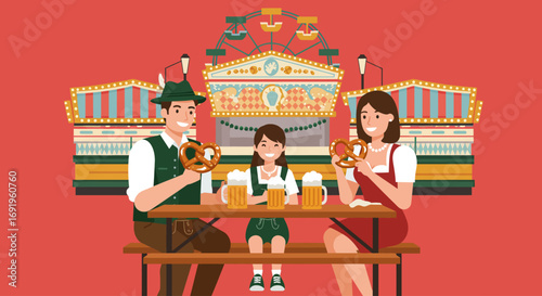 A delightful flat design illustration of a Bavarian family enjoying pretzels and soft drinks at an Oktoberfest fairground, showcasing family-friendly fun.