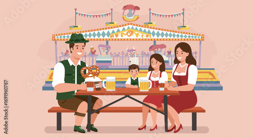 A delightful flat design illustration of a Bavarian family enjoying pretzels and soft drinks at an Oktoberfest fairground, showcasing family-friendly fun.