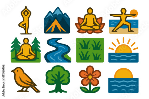 Colorful outdoor activities and nature icons set in flat style