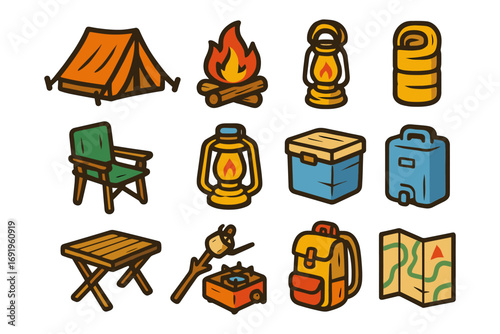 Camping essentials icons: tent, bonfire, lantern, map, backpack, sleeping bag