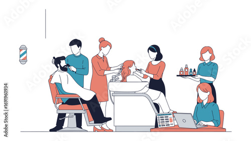 Diverse team of stylists and barbers providing beauty services including haircuts hair coloring and makeup application in a modern salon setting