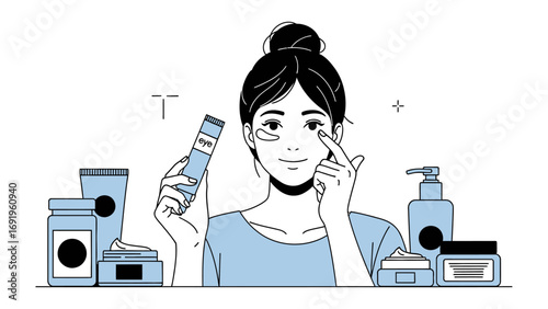Young woman applying eye cream with skincare products arranged around her in a clean minimalist illustration style with blue accents