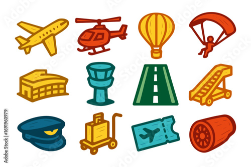 Colorful doodle-style aviation icons collection with transport and travel elements