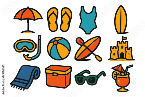 Colorful summer beach icons featuring umbrella, sandals, swimsuit, and more