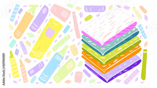 Illustration of a stack of colorful folded towels next to scattered crayons and rectangular shapes around it