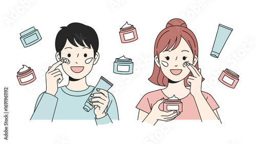 Young man and woman applying facial cream and serum to their skin with various cosmetic jars and tubes surrounding them