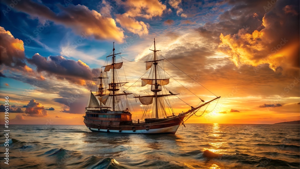 Obraz premium Old sailing ship navigating the ocean at sunset