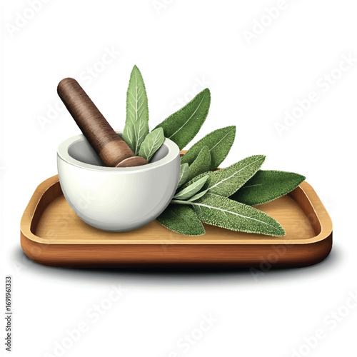 Aromatic Sage in a Mortar and Pestle on a Wooden Tray
