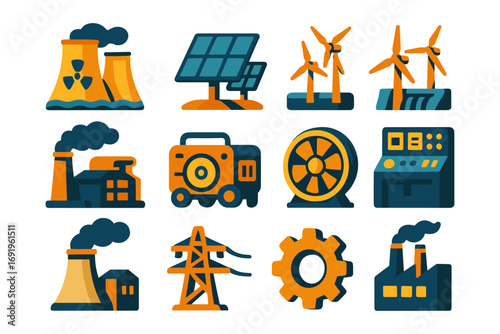 Energy icons set featuring factories, solar panels, wind turbines, and power plants