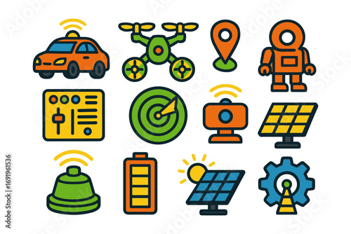 Futuristic technology icons: smart devices, renewable energy, and robotics