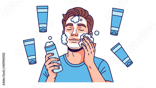 Young man with eyes closed applying facial cleanser foam with his hand surrounded by tubes of skincare products demonstrating a daily grooming routine