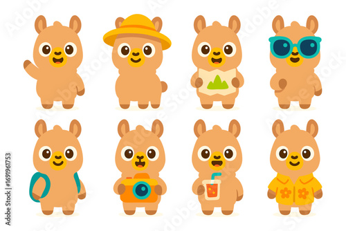 Cute cartoon llama characters in diverse vacation outfits and accessories